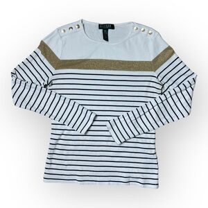 Lauren Ralph Lauren Long Sleeve Top Women Striped Size PM Gold Glitter Button